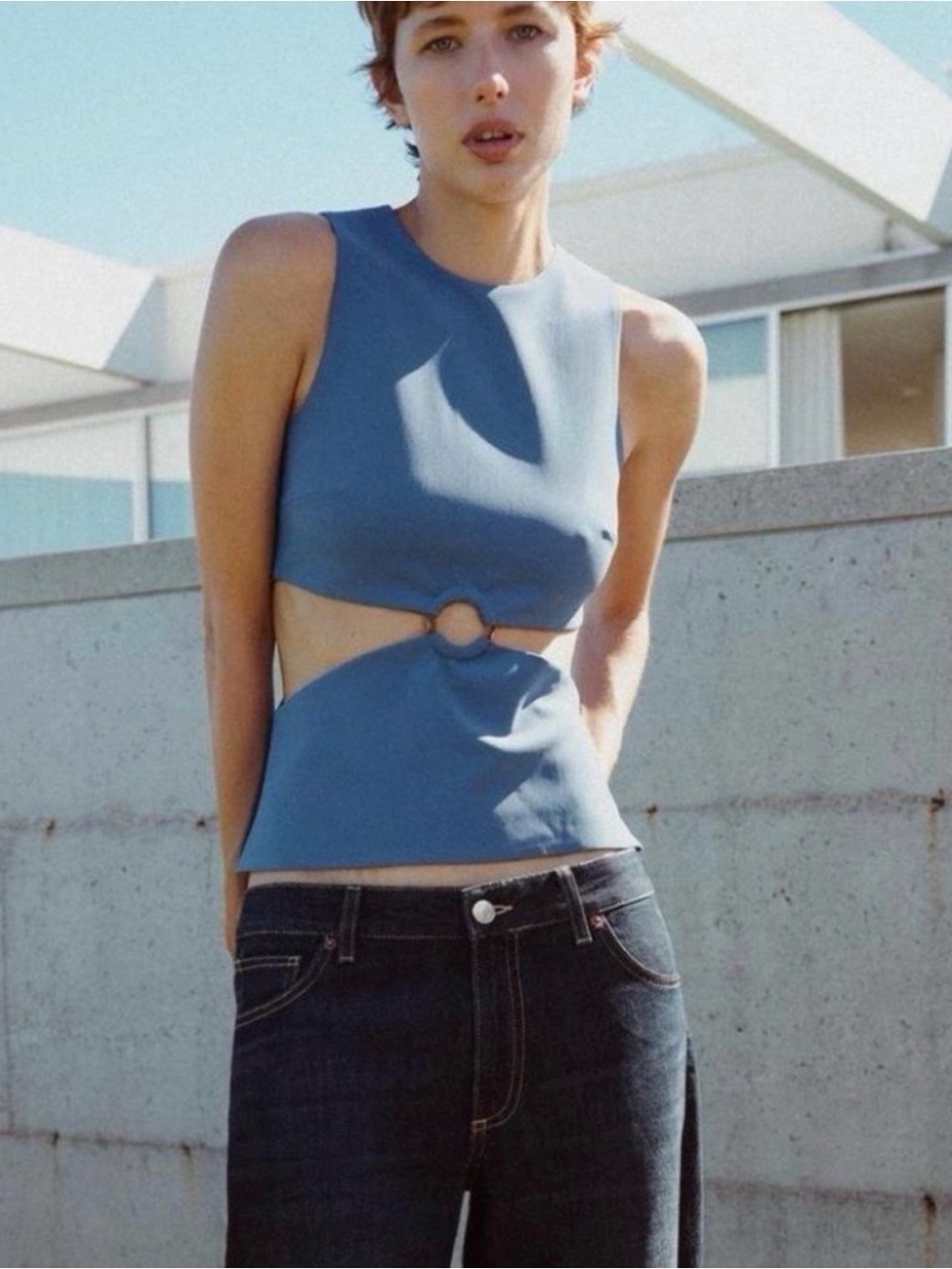 Zara Sleeveless Blue Cutout Ring-Front Top
